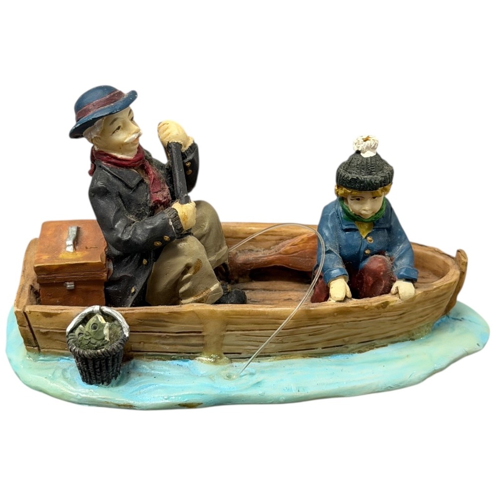 Charming Fishing Boat Scene Figurine Grandpa and Grandchild Fishing